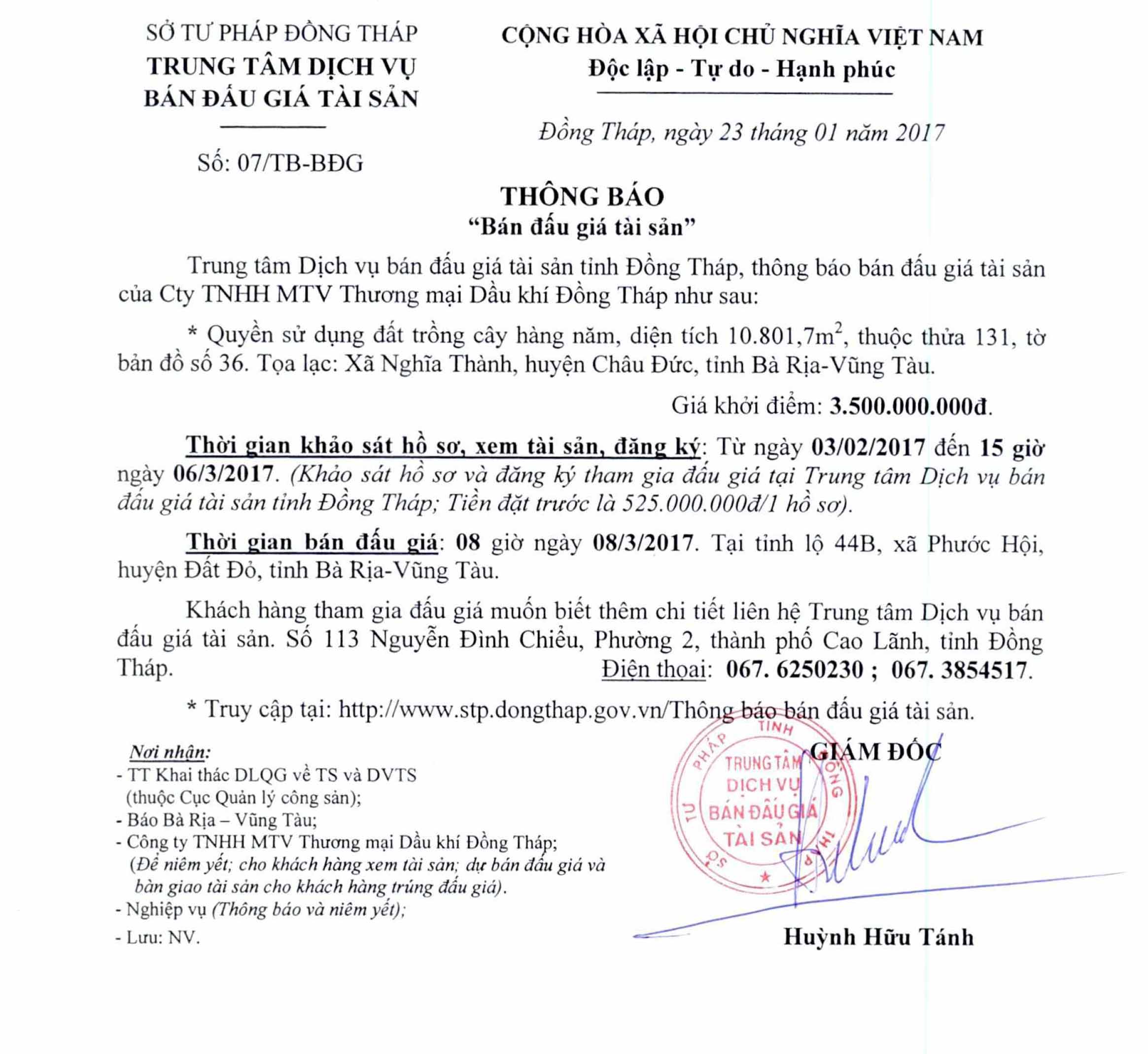 Thông báo bán đấu giá tài sản của công ty tnhh mtv thương mại dầu khí đồng tháp. (08/02/2017)