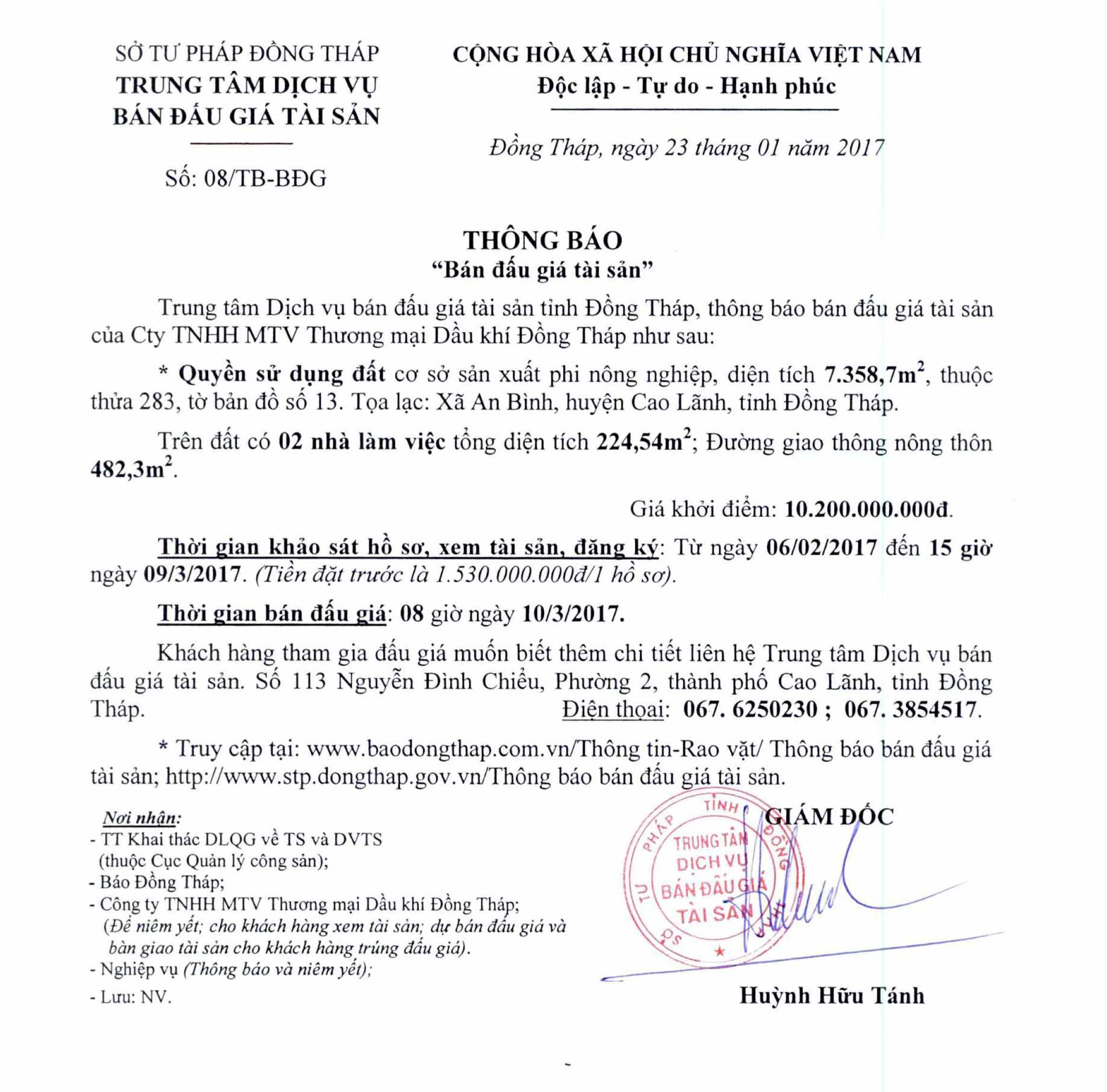 Thông báo bán đấu giá tài sản của công ty tnhh mtv thương mại dầu khí đồng tháp. (08/02/2017)