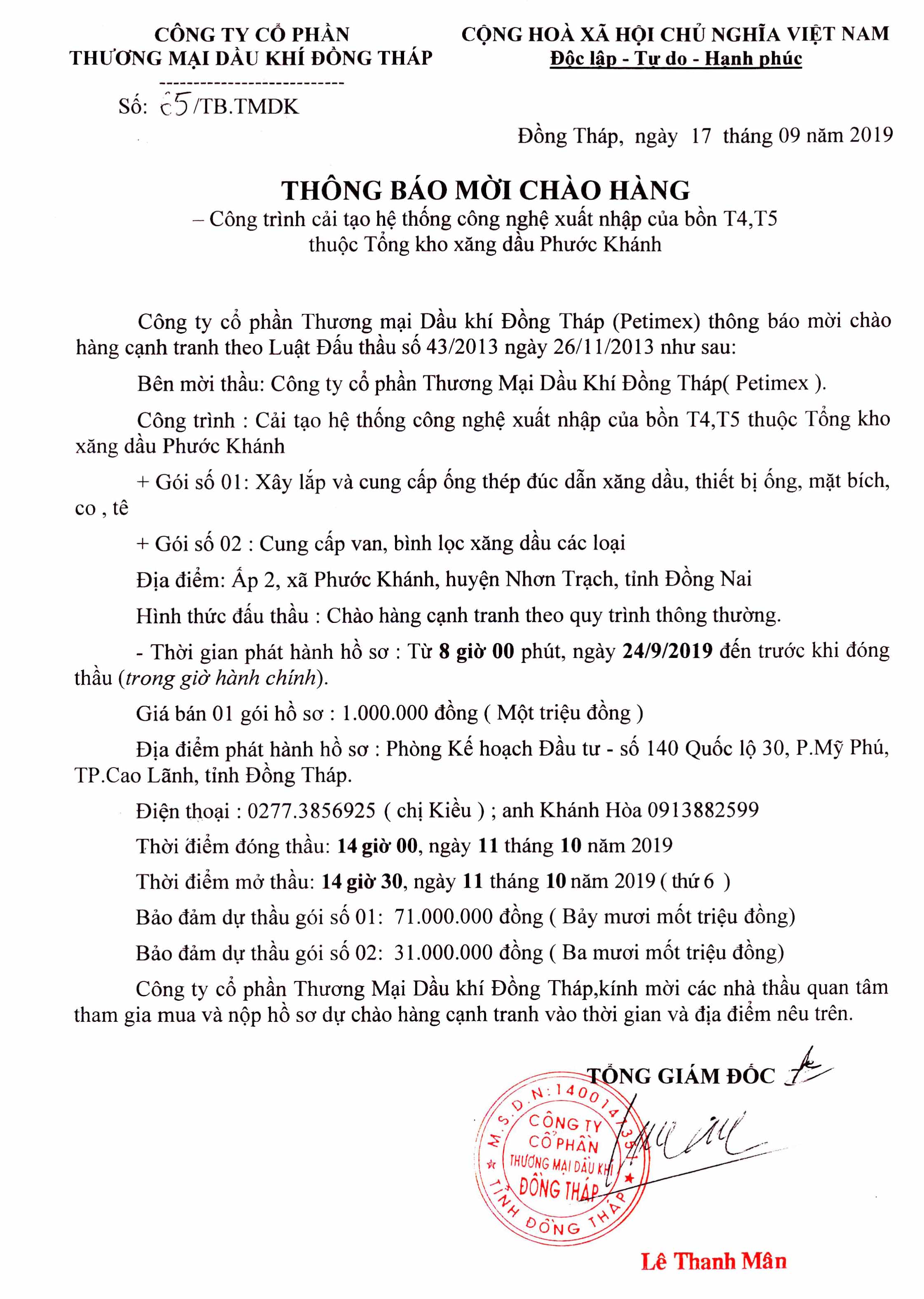 Thông báo mời chào hàng
 (18/09/2019)