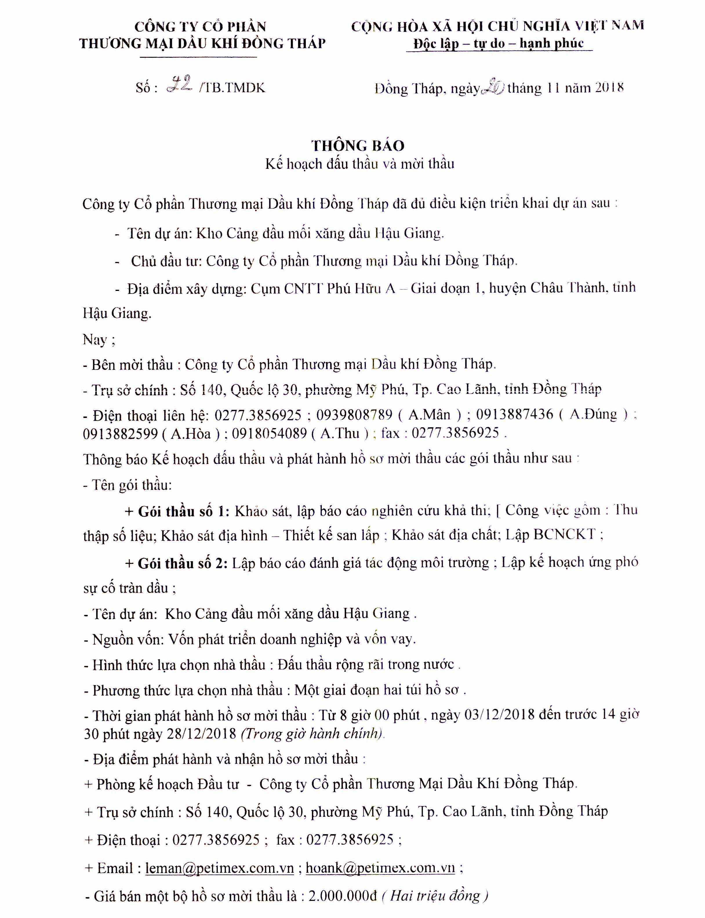 Thông báo đấu thầu và mời thầu (21/11/2018)