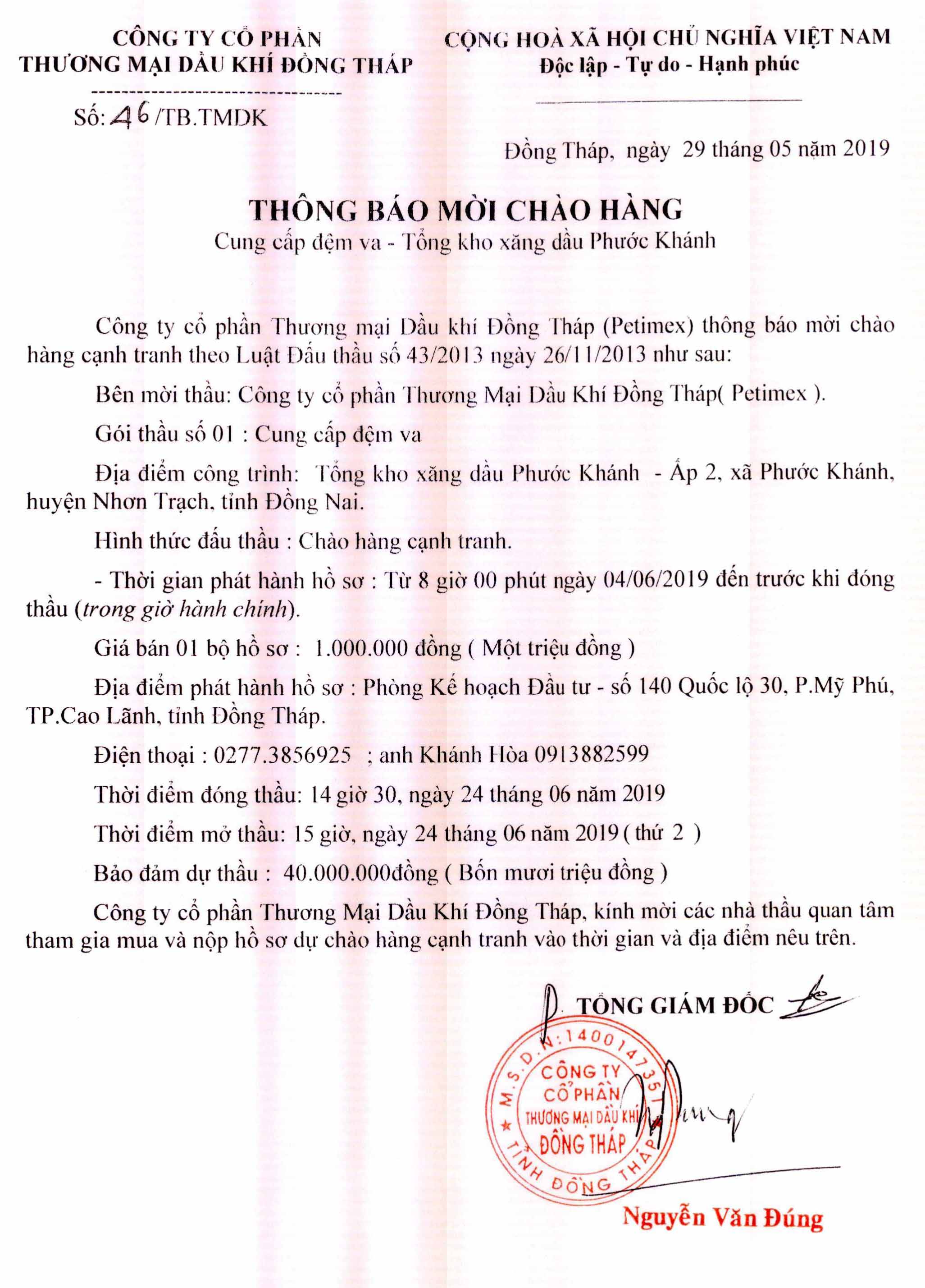 Thông báo mời chào hàng (29/05/2019)