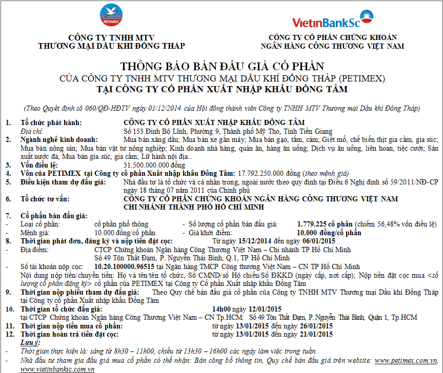Thông báo bán đấu giá cổ phần công ty tnhh mtv thương mại dầu khí đồng tháp (petimex) tại công ty cp xnk đồng tâm (dotico) (15/12/2014)