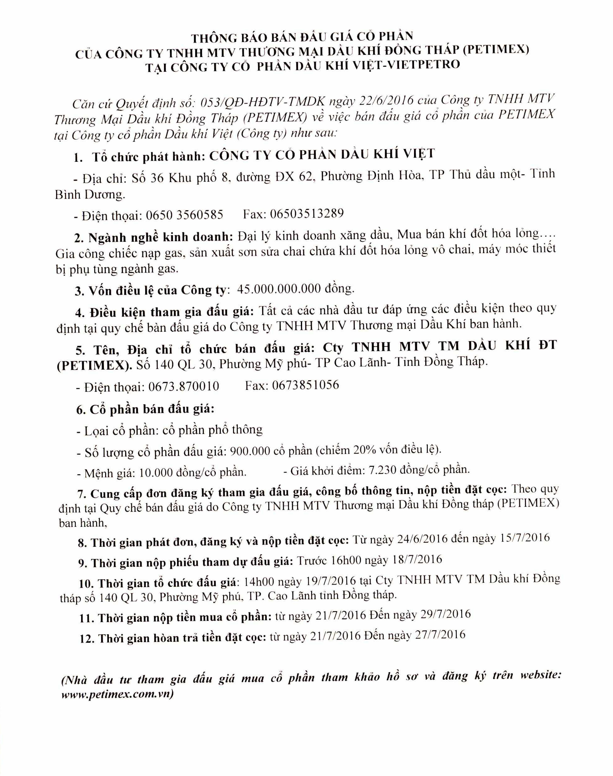 Công ty tnhh mtv thương mại dầu khí đồng tháp (petimex) bán cổ phần của petimex tại công ty cổ phần dầu khí việt (23/06/2016)